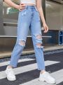 SHEIN Teen Girl Ripped Straight Leg Jeans