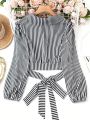 SHEIN Privé Plus Size Women'S Striped Waist Tie Shirt