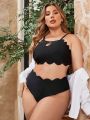 SHEIN Swim Vcay Plus Size Solid Color Hollowed Out Swimsuit With Scallop Edge