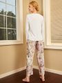 Solid Round Neck Top & Floral & Tropical Print Pants PJ Set