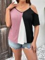 SHEIN LUNE Plus Size Color-Block Off Shoulder T-Shirt