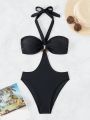 SHEIN Swim Vcay Women'S Halter Neck Hollow Out Backless One-Piece Swimsuit