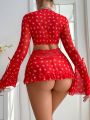 Ladies' Sexy Lingerie 3pcs/Set - Front-Buttoned Wide-Sleeved Top + T-Back Panties + Skirt (Valentine's Day Edition)