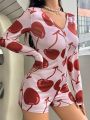 Women's Cherry Printed Button-up Pajama Romper