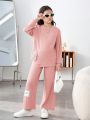 SHEIN Kids EVRYDAY Tween Girls Applique Round Neck Asymmetrical Hem Top And Long Pants Casual 2pcs Outfit