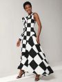 ISELACOS Asymmetric One Shoulder Loop Sleeve Checkers Dress