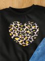 Toddler Girls' Leopard & Heart Print Sweatshirt And Ripped Jeans Casual Comfortable 2pcs Outfits