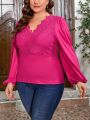 SHEIN Clasi Plus Size Women'S Lace Patchwork Lantern Sleeve Rose Red T-Shirt