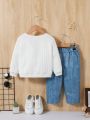 SHEIN Infant Unisex Casual Solid Color Long Sleeve Sweatshirt And Elastic Waist Jeans Styled Trousers Set