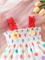 Baby Girl'S Casual Striped Polka Dot Dress With Design Sense And Floral Accessory