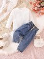 Baby Girls' Ribbed T-Shirt And Paper Bag Waist Jeans