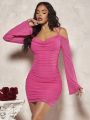 SHEIN BAE Romantic Valentine's Day Dating Day Rose Red Mesh Puff Sleeve Ruffled Mock Neck Mini Dress For Women