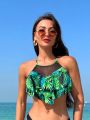 SHEIN Swim Vcay Women'S Tropical Plant Print Halter Bikini Top