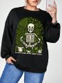 Catsneeze Plus Skeleton & Slogan Graphic Drop Shoulder Sweatshirt