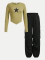 SHEIN Teenager's Knit Ribbed Star Pattern T-shirt And Pleated Cargo Pants Set