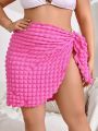 SHEIN Swim Basics Women's Plus Size Solid Color Bubble Knit Cardigan & Skirt Set With Knot Detail