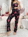 Heart & Letter & Rhinestone Patterned Cami And Pants Pajama Set