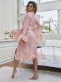 Fuzzy Trim Belted Mesh Sleep Robe Without Lingerie