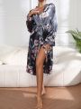 Floral Print Contrast Binding Belted Satin Robe