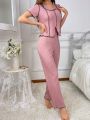 Women's Colorblock Short Sleeve Shirt And Long Pants Casual Suit