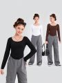 SHEIN Teenage Girls' Knitted Solid Color U Neck Long Sleeve T-shirt 3pcs/set