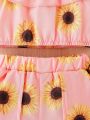 Baby Girl Sunflower Print Cold Shoulder Ruffle Trim Top & Skort