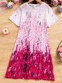 Teenage Girls' Fashionable Digital Printed Sequin Effect Short Sleeve T-Shirt Dress