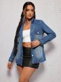 SHEIN ICON Ladies' Retro Lapel Denim Blazer Jacket