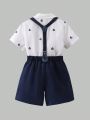 SHEIN Kids FANZEY Little Boys' Sailboat Printed Short Sleeve Shirt And Suspender Shorts Gentleman Outfit