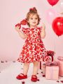 SHEIN Baby Girls' Casual Loose Short Sleeve Heart Pattern Dress