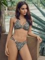 SHEIN Leisure Plaid Print Ring Linked Halter Bikini Swimsuit