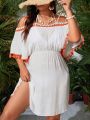 SHEIN Swim Vcay Plus Size 1pc Hollow Out Shoulder Cover Up Dress With Tassel Detail