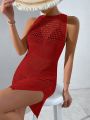 SHEIN Swim Vcay 1pc Crochet Open Back & Front Split Hem Cover Up Dress