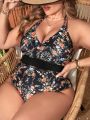 SHEIN Swim Classy Plus Size Women's Floral Printed Halterneck One-piece Swimsuit