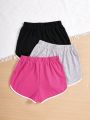 SHEIN Kids EVRYDAY Tween Girls Knitted Color-Block Loose Fit Shorts With Package Edge Three-Piece Set