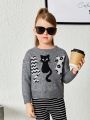 SHEIN Girls Cat Pattern Drop Shoulder Sweater