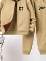 SHEIN Kids EVRYDAY Tween Boy Letter Graphic 3D Ears Design Thermal Lined Hooded Jacket & Pullover & Sweatpants