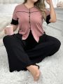 Women'S Plus Size Contrast Color Button Detail Top And Solid Wide-Leg Pants Pajama Set