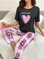 Love Heart Plaid Print Short Sleeve Long Pants Pajama Set