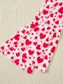 SHEIN Kids CHARMNG Valentine's Day Style Knitted Heart Pattern Casual Flared Pants For Tween Girls