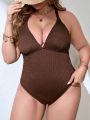 SHEIN Swim Basics Plus Size Deep V-Neck Crisscross Back One-Piece Swimsuit