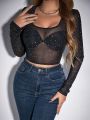 SHEIN BAE Mesh Sheer Top With Rhinestone Decor