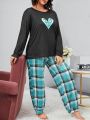 Large Size Love Printed Top And Plaid Trousers Home Wear Set