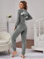 3D Ear Design Hooded Zipper Flannel Lounge Jumpsuit