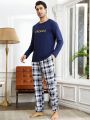 Men'S Letter Printed Long Sleeve Checkered Pants Homewear Set