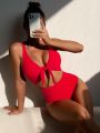 SHEIN Swim Basics Knot Front Cut-out One Piece Swimsuit