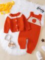 Baby Girl Orange Pattern Raglan Sleeve Cardigan & Knit Jumpsuit