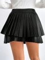 SHEIN Privé Women's Black Pleated Leather Mini Skirt