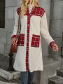 Plaid Panel Button Front Dual Pocket Teddy Coat