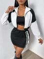 SHEIN SXY Women's Color Block Zipper Front Jacket And Side Striped Skirt Two-piece Set